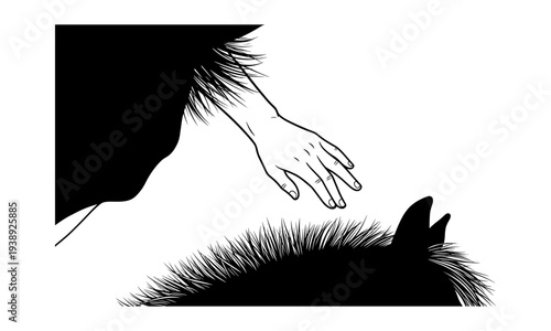 Black and white silhouette of a human hand reaching out to pet or heal a furry animal like a dog                                             hand, animal, silhouette, pet, dog, cat, vet, veterinary, c