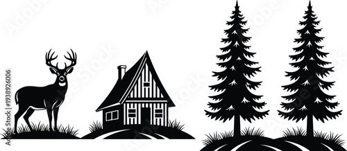 Vector black silhouette of a wild deer buck with antlers, a cozy rustic cabin, and tall pine trees for nature,