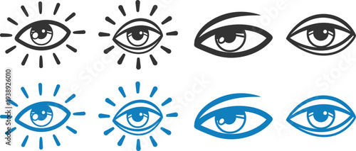 Collection of stylized eye illustrations in black and blue