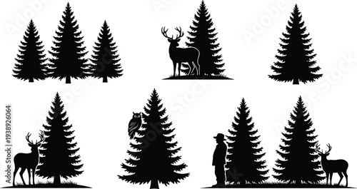 Vector black silhouette set of wild deer, buck, stag, owl, and man in hat among pine trees for forest nature,