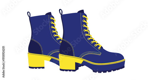 Blue and Yellow Combat Boots with Yellow Laces and Chunky Soles