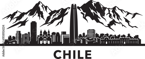 Modern cityscape of Chile with mountains in black silhouette