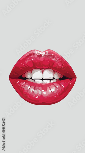 Close-up of vibrant, luscious red lips, glistening with gloss and revealing perfectly white, straight teeth in an inviting, sensuous smile.