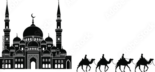 Vector black silhouette of a grand mosque and a camel caravan with riders, Islamic architecture for Ramadan, Eid, desert travel,