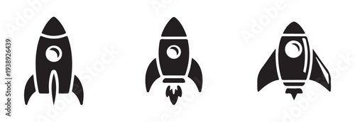 Set of three different style rocket icons for space travel and startup business concept illustrations