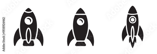 Group of stylized rocket icons illustrating different phases of space journey from takeoff to ascent