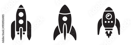 Three different graphic styles of black rocket icons depicting upward movement and space flight journey symbols