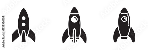 Four different graphic presentations of black rocket ship icons suitable for startup concepts and fast progress symbols