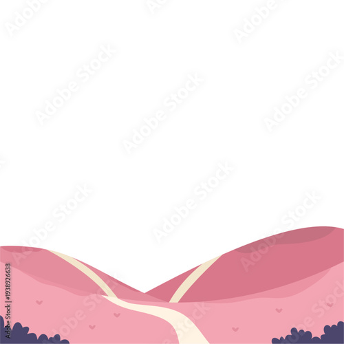 Pink hills with winding road and hearts