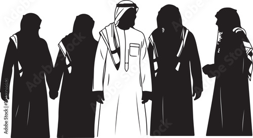 A striking black and white illustration depicts four individuals in traditional arabian clothing and headwear