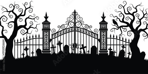 Spooky haunted cemetery silhouette with wrought iron gate, twisted trees and gravestones, Halloween graveyard vector illustration isolated on white