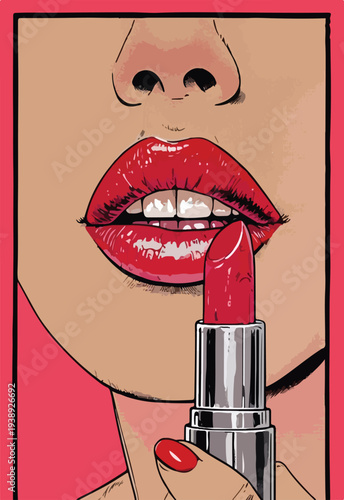 Vibrant pop art illustration capturing a woman's glossy red lips as she skillfully applies a bold shade of lipstick.