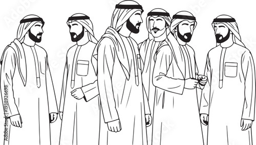 Four stylized black and white iconographic portraits of Arab men wearing traditional keffiyeh headwear and thawb.