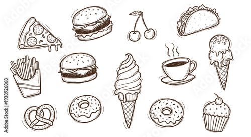 Hand drawn collection of delicious fast food and sweet treats with a sketchy doodle style on a white background
