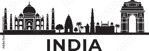 Iconic Indian landmarks in black silhouette on cream background