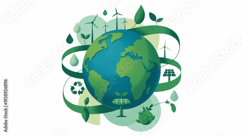 Earth surrounded by green leaves wind turbines recycling symbols and eco friendly icons on white background