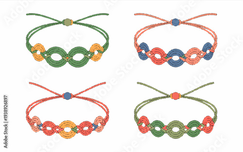 Colorful woven friendship bracelets with infinity symbols and beads on cord