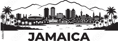 Vibrant Jamaica cityscape with palm trees and mountains