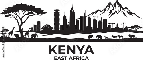 Kenya cityscape with wildlife and mountains in black silhouette