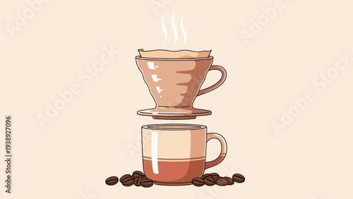 Pixel Art Coffee Dripper and Mug with Beans, Steaming Hot Beverage