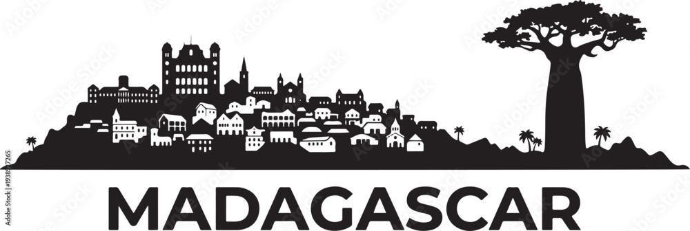 Obraz premium Vibrant Madagascar cityscape with historic buildings and tree