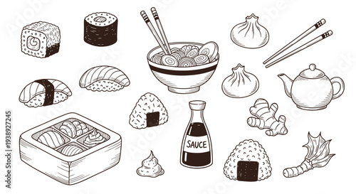 Hand drawn illustration of japanese food assortment with sushi dumplings and rice balls on white background