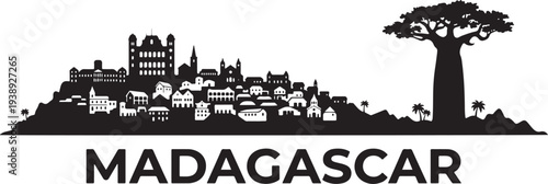 Vibrant Madagascar cityscape with historic buildings and tree
