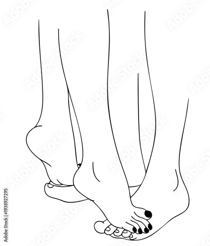 Feet Close Contact Intimate Pose, Lower Legs and Feet Near Each Other, Minimalist Black Line Sensual Couple