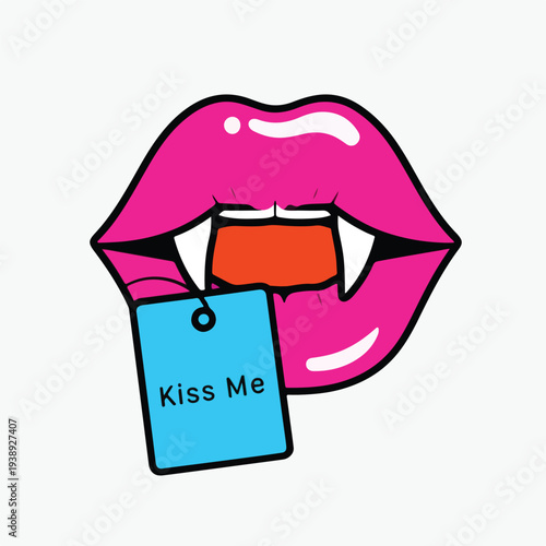 Vibrant pop art illustration of bright pink vampire lips with sharp fangs and a playful blue 'Kiss Me' tag for a quirky design.