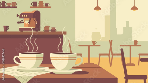 Cozy Cafe Scene: Two Steaming Coffee Cups on Table, Espresso Machine Background