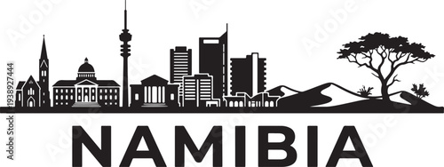 Modern Namibia cityscape with iconic buildings and tree