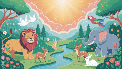 Serene savannah landscape with lion elephant deer and birds in a lush green forest with a river sunny sky and vibrant flowers