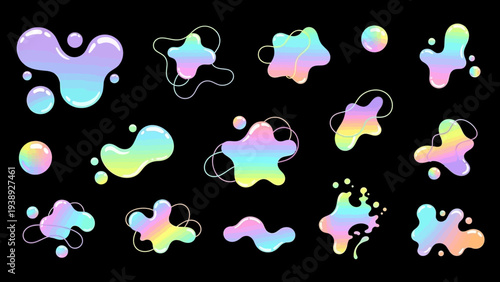 Holographic Liquid Shapes, Abstract Gradient Splashes, Fluid Blobs on Black Background
