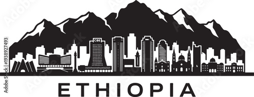 Ethiopian cityscape with modern buildings and mountains