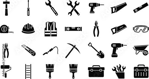 Black and white vector silhouette collection of construction hand tools safety equipment and repair instruments isolated on a clean white background