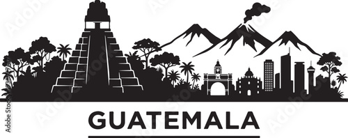 Guatemala cityscape with ancient pyramid and volcanic mountains