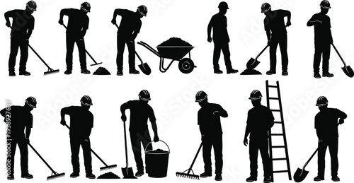 Black and white vector silhouette collection of construction workers doing manual labor with shovel, rake, wheelbarrow, ladder on isolated background