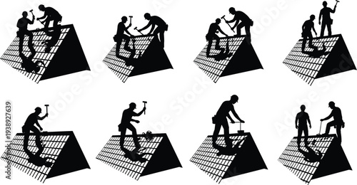 Black and white vector silhouette collection of construction workers wearing hard hats hammering and building a roof on isolated background
