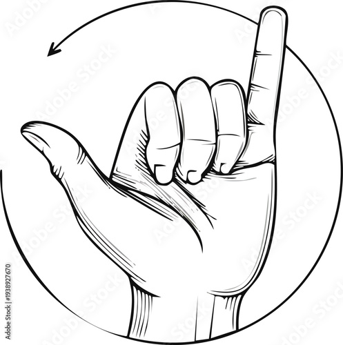Clean line icon of right hand making -call me- gesture with thumb and pinky extended to ear,