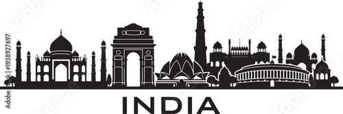 Stunning black silhouette of iconic Indian landmarks and monuments