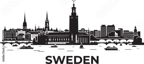 Stunning black silhouette of Sweden's city skyline with boats and bridges