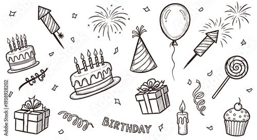 Happy Birthday celebration elements doodle set with cakes gifts balloons and fireworks for festive party decorations