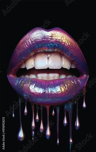 Sensual open mouth displaying glossy vibrant purple lips with dripping cosmetic makeup against a dark background