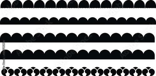 Scalloped edge seamless brush strokes set. Simple scalloped border. Fabric laces silhouette. Repeat cute vintage frill ornament. Texture ribbons. Vector illustration Blue and Black color EPS 10.