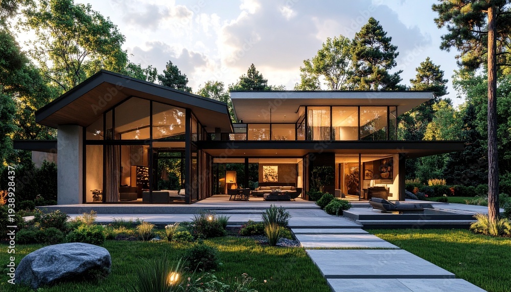 Fototapeta premium Modern architectural marvel - A luxurious home nestled in natures embrace.