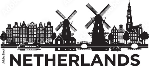 Netherlands cityscape with windmills and architecture