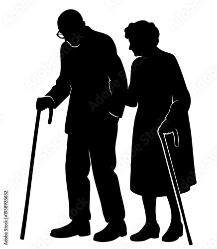 Old Couple Supporting Each Other with Canes Silhouette Elderly Love and Care in Marriage