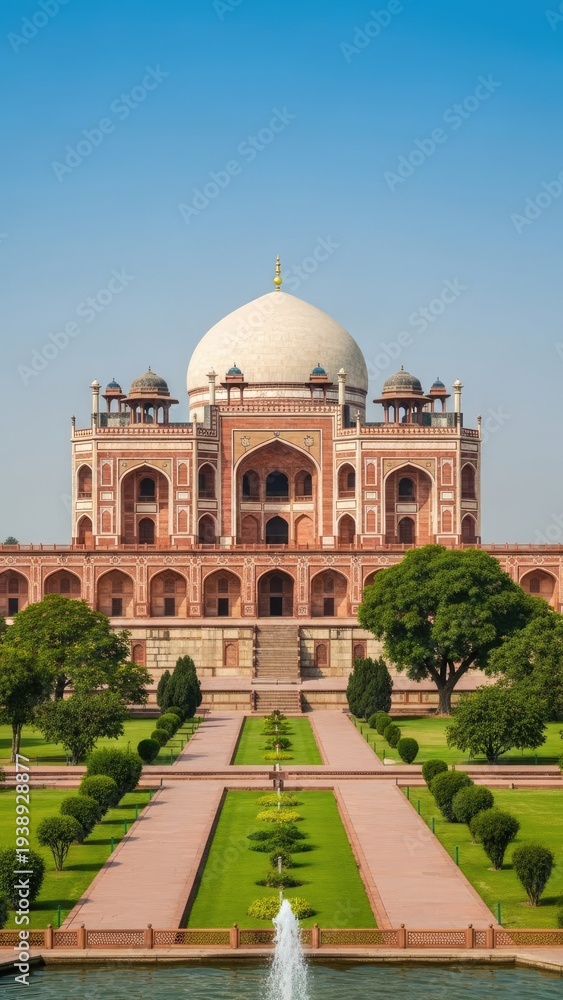 Naklejka premium Majestic Humayun's Tomb, a Mughal architectural marvel in Delhi, India, bathed in sunlight with manicured gardens and a fountain.