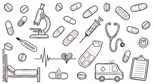 Collection of medical supplies and equipment hand drawn sketch style for healthcare and science concepts