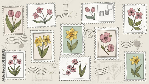 Vintage floral postage stamps with tulips, daffodils, and blossoms illustration